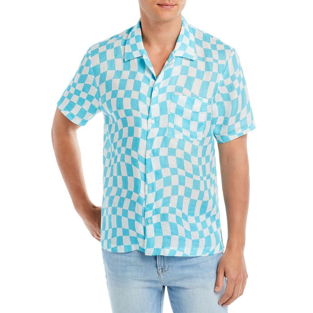 Bloomies The Cabana Mens Linen Checkered Button-Down Top Size L